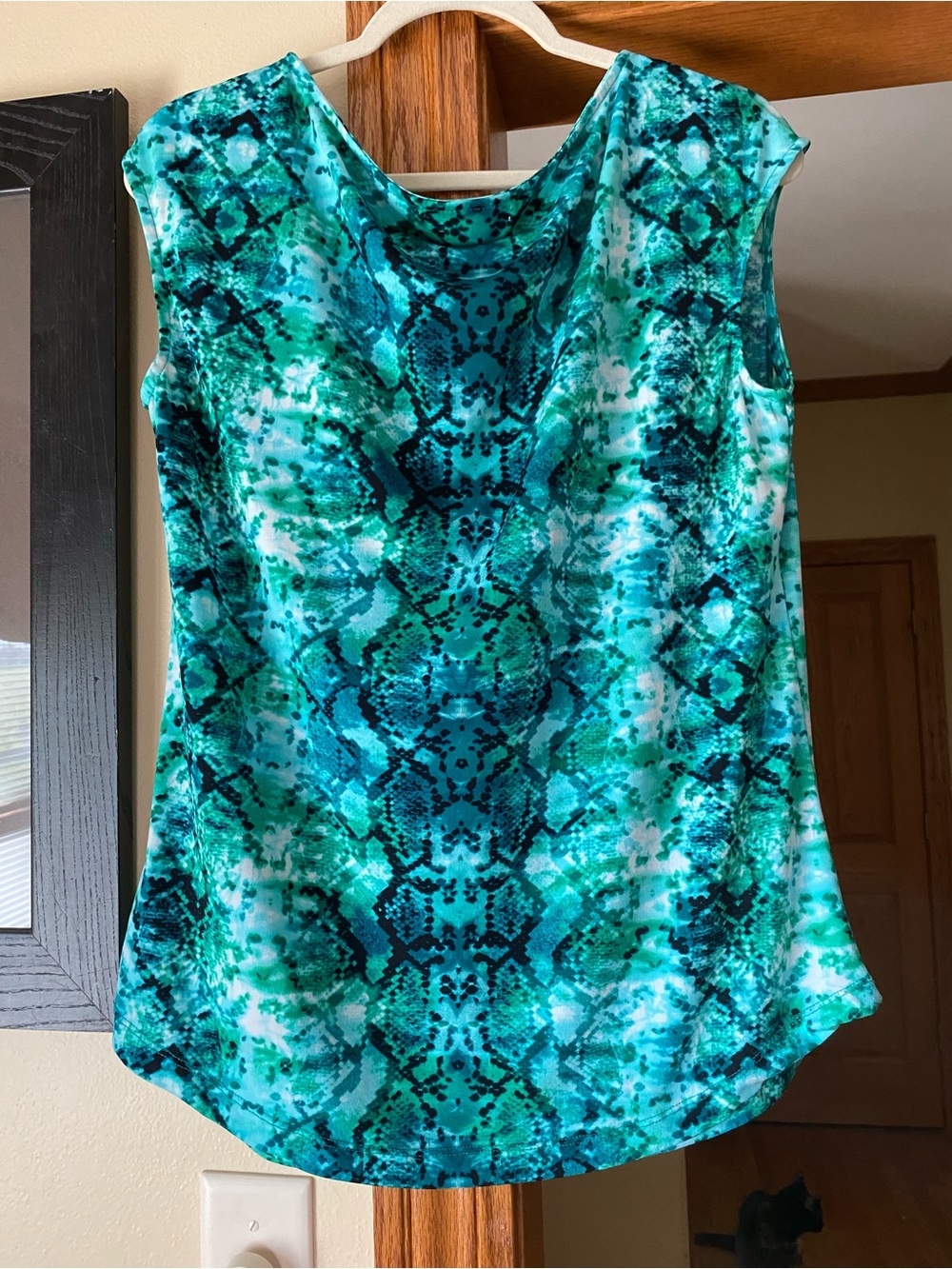 Liz Claiborne Women’s Sleeveless Shell Top - Teal Green Print scoop hem size L